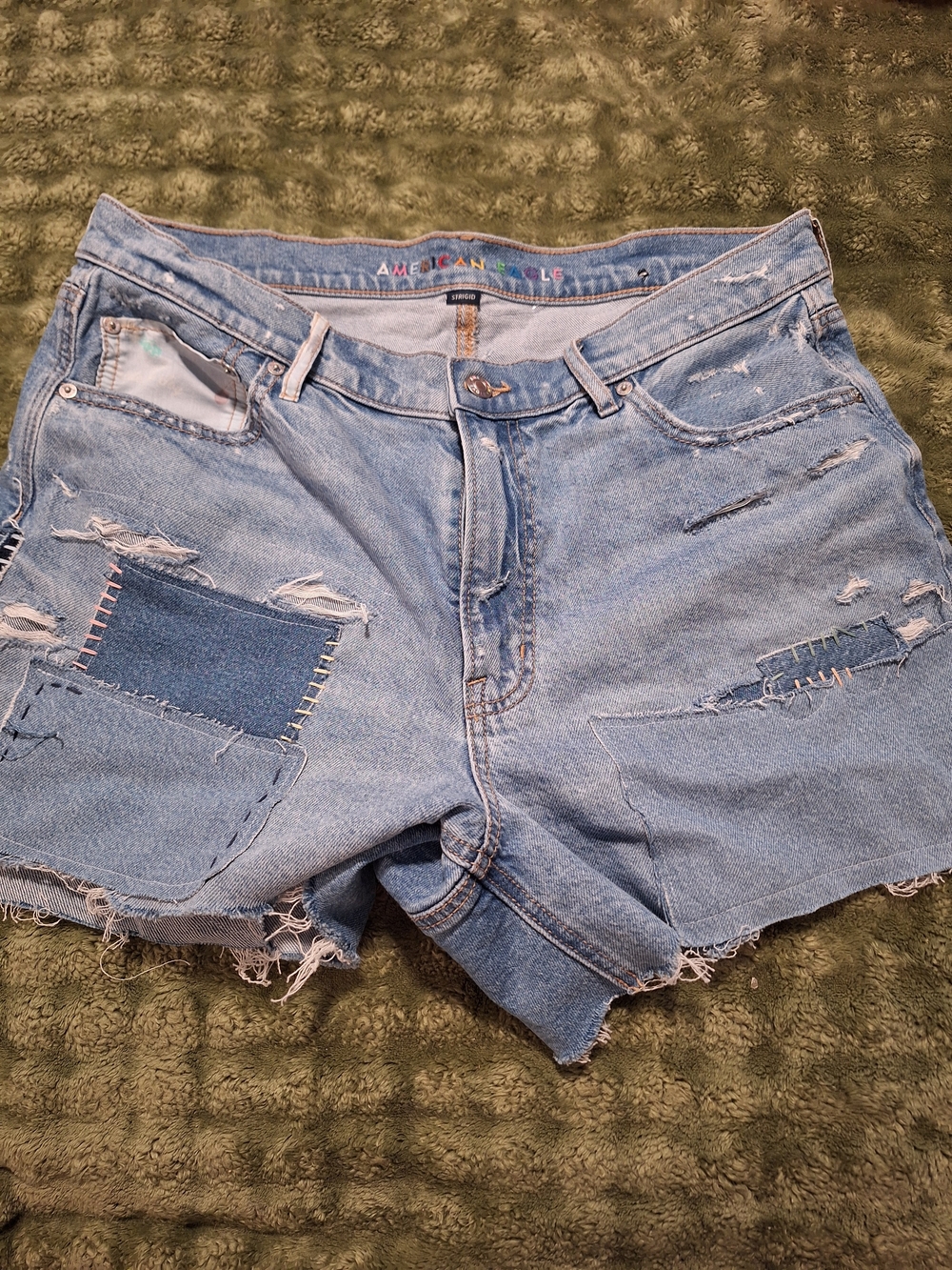 American Eagle Outfitters Light Wash Distressed Denim Patch Shorts